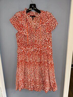 Maje Red White Leopard Print Ruffle Mini Dress, Cap Sleeve, Sz Small